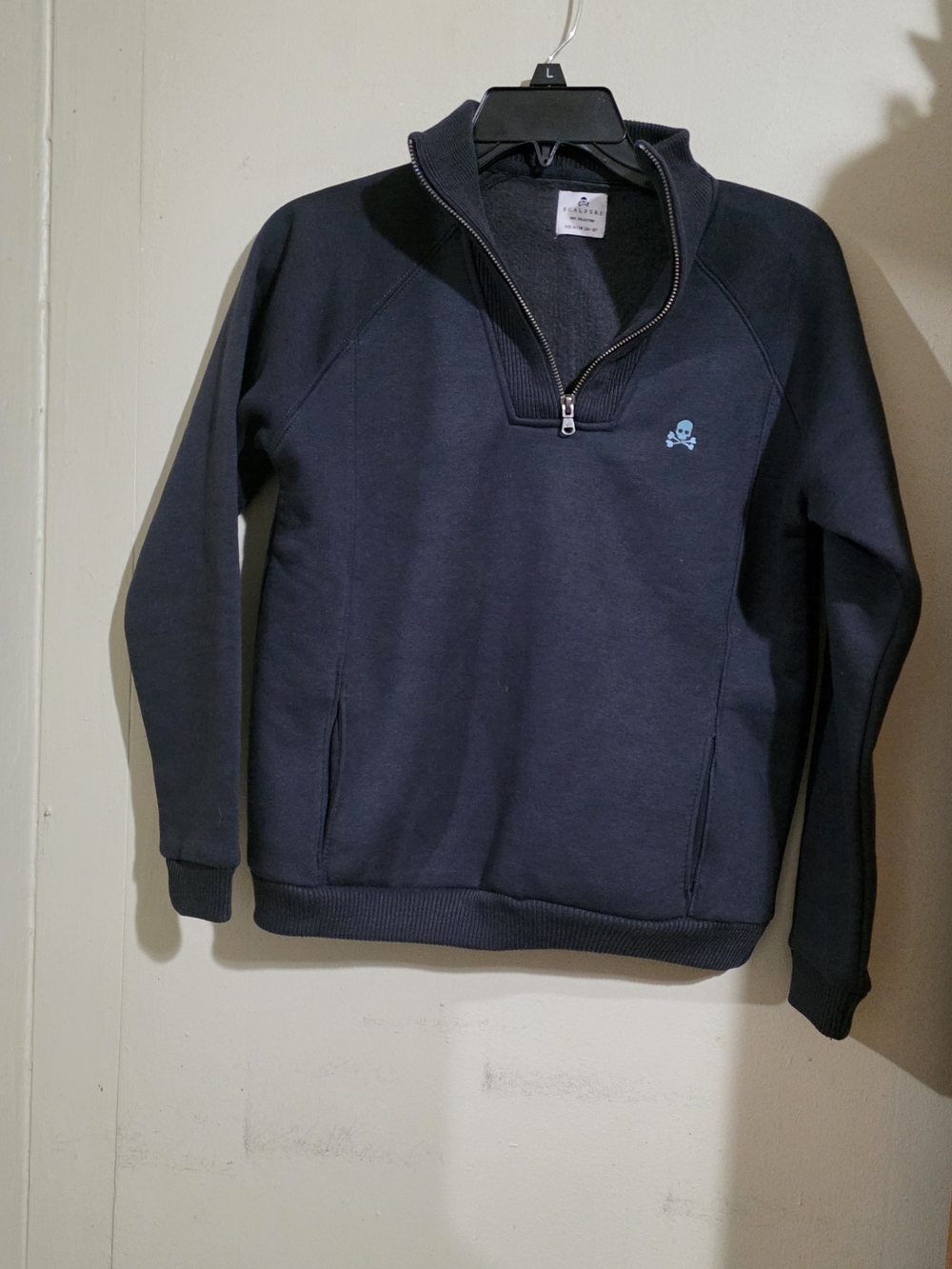 Men's Navy Half-Zip Sweater with Skull Accent Size 14